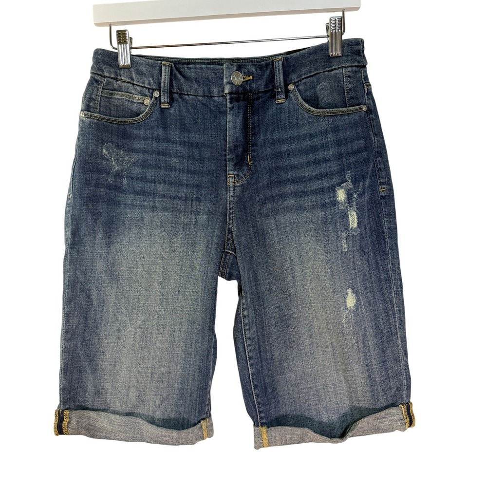 Chico's So Slimming Girlfriend Shorts Women Size 0 Blue Distressed Roll Cuff NWT